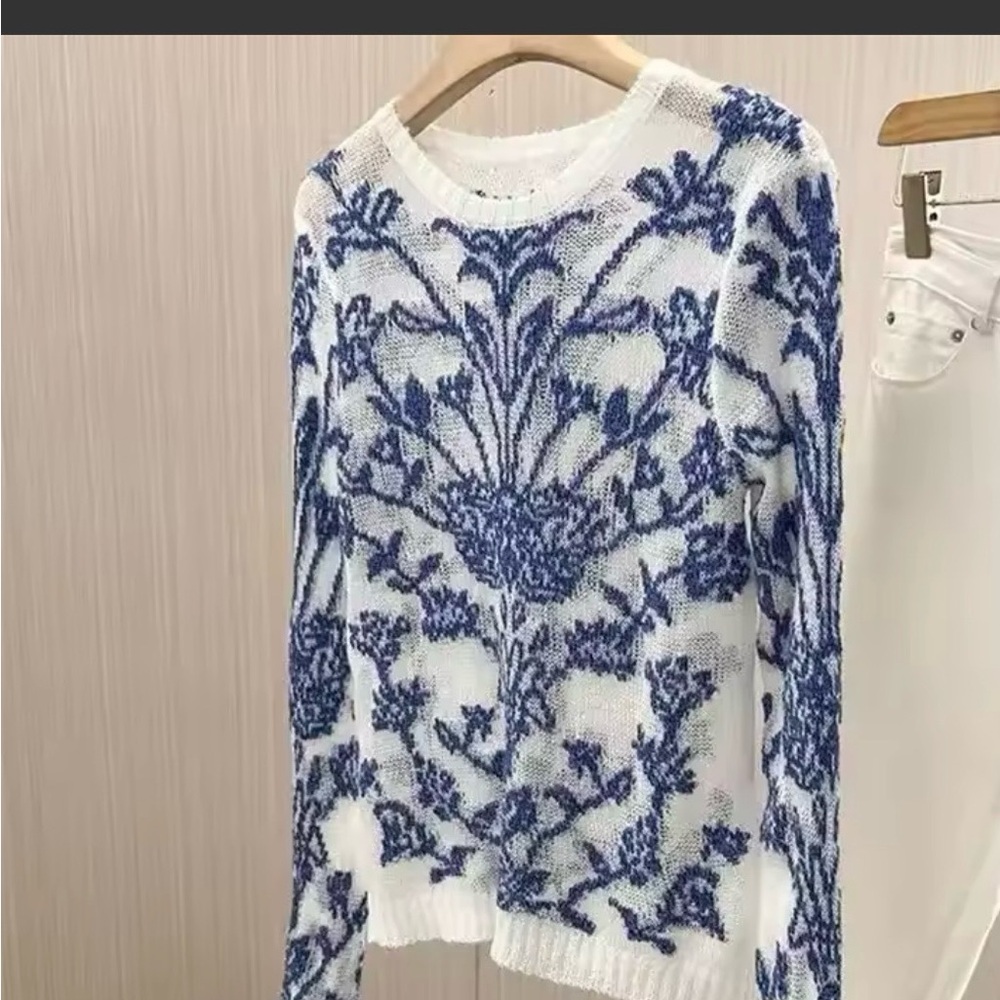 Floral Blue and White Sweater